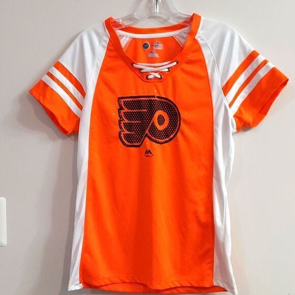 Women's Philadelphia Flyers Rhinestone and Sequin Lace-Up Hockey Jersey Sz L - Picture 1 of 4
